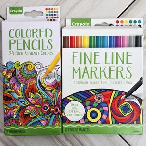 Lot of 2-Crayola Adult Coloring 12Ct Fine Line Markers and 24Ct. Colored Pencils